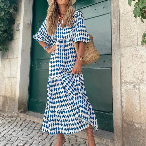 Imagen 2 del producto Vestido informal bohemio para mujer, vestido largo con estampado geométrico y escote con cordones y mangas abullonadas, bata de playa para vacaciones, Vestidos acampanados