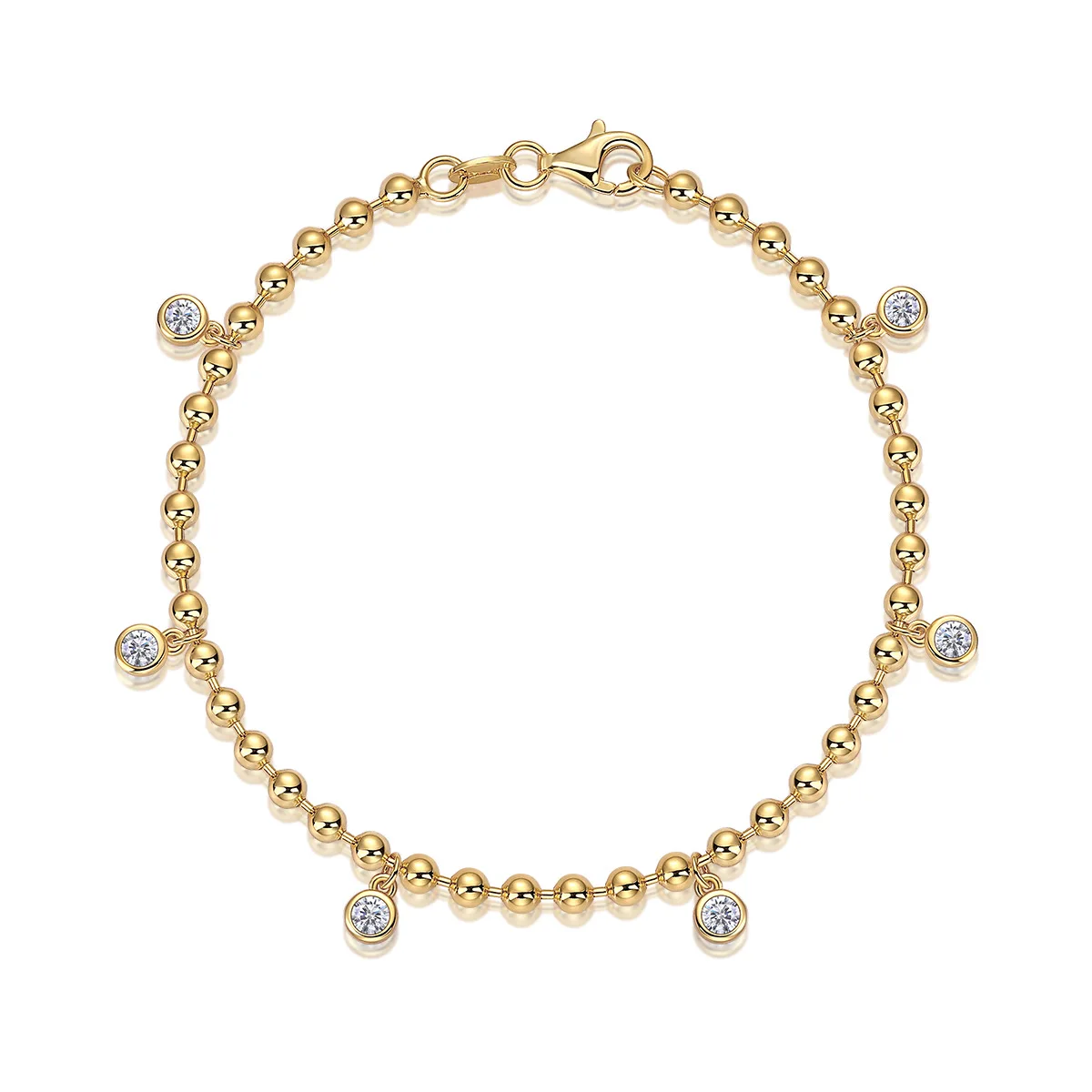 

925 Sterling Silver Moissanite Beaded Chain Bracelet 18cm Fixed Length Dangle Zircon Charm Elegant Fine Jewelry for Women Gift
