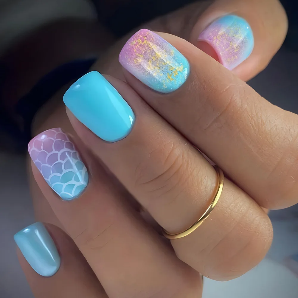

24 Pcs Simple Nails Acrylic Press on With Sticky Tabs Short False Nails To Stick Scales Decorations for Nail Tips Paste Nails