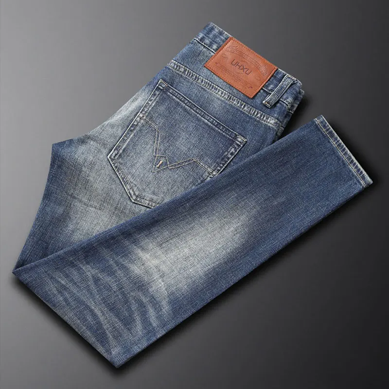 Men's Washed Blue Jeans Gradient Faded Wash Small Embroidery Logo Stretch Slim Fit Hip Hop High Street Casual Denim Pants Jeans