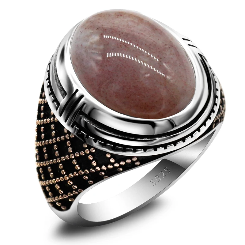 

Turkish Jewelry Men's Ring Big Stone Natural Natural Indian Onyx Stone 925 Sterling Silver Rose Gold Silver Ring with Stone