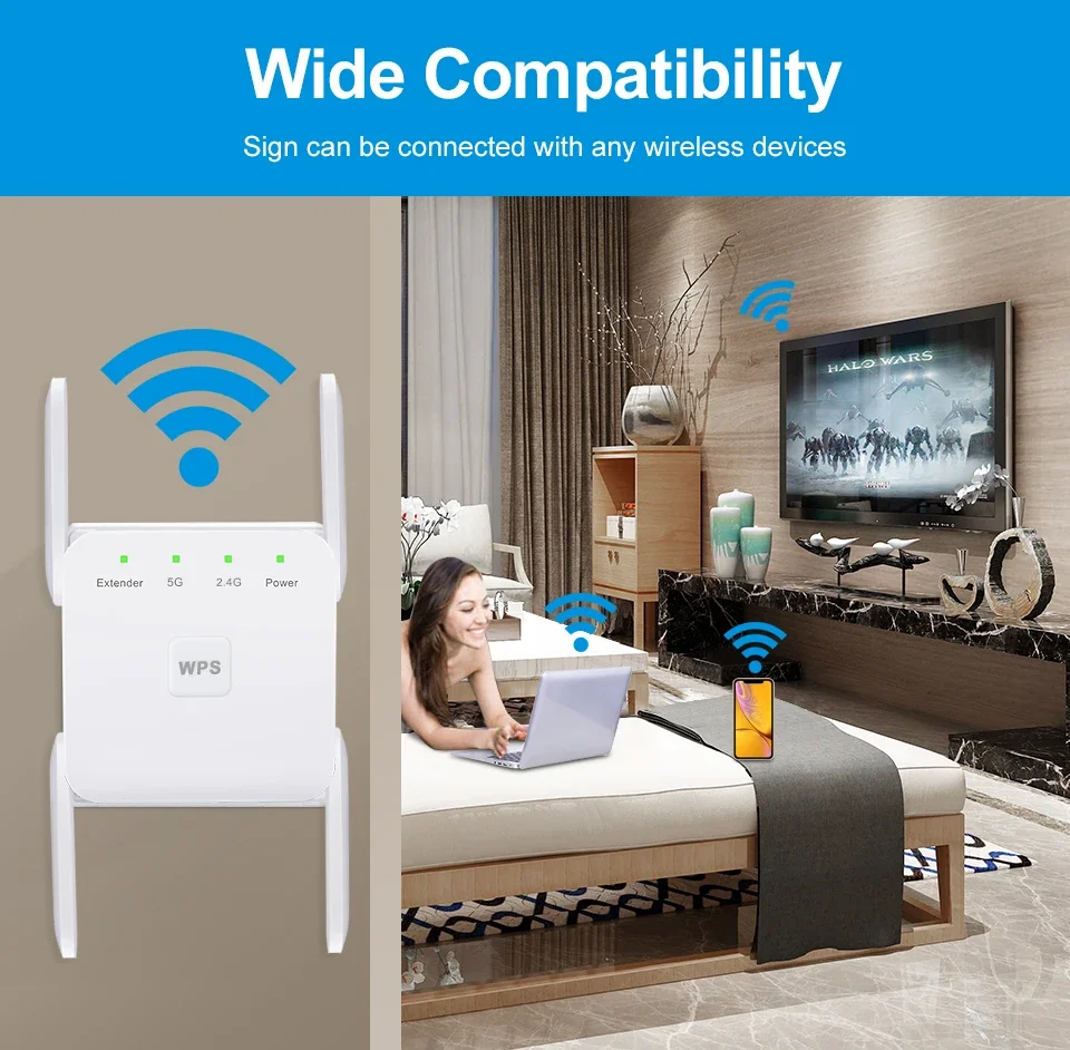 Repetidor WiFi inalámbrico de 1200Mbps, 5Ghz, amplificador de señal Wi-Fi de 2,4G/5GHz, extensor de enrutador, Repetidor WiFi Wlan de red