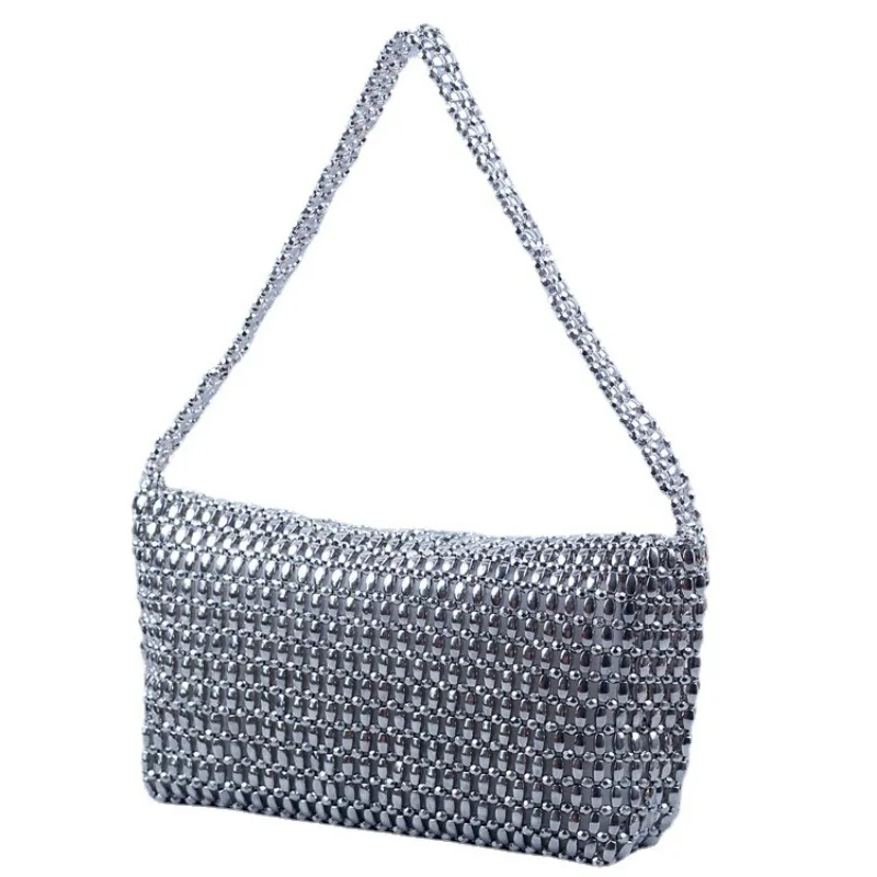 Handmade Metal Silver Beaded Bag Luxury Design Hollow Out Shoulder Underarm Bag Party Evening Club Armpit Bag Purse High Quality