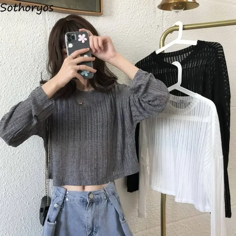 

Pullovers Women Summer Thin New Slim Simple Long Sleeve Casual Korean Style All-match Knitwear Cropped Tops Comfort O-neck Chic