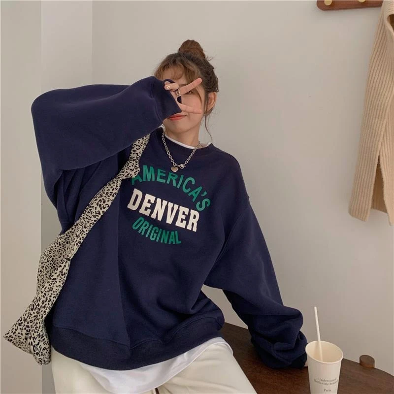 Felpa con cappuccio stampata in fibra di poliestere comoda da donna Lazy Sle retrò coreana ampia e lunga