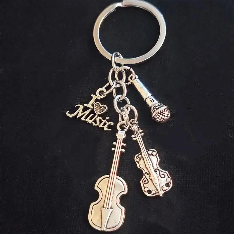 Unique Keychain I Love Music Cello Violin Microphone Keyring Pendant Women Man Jewelry Accessories Gift