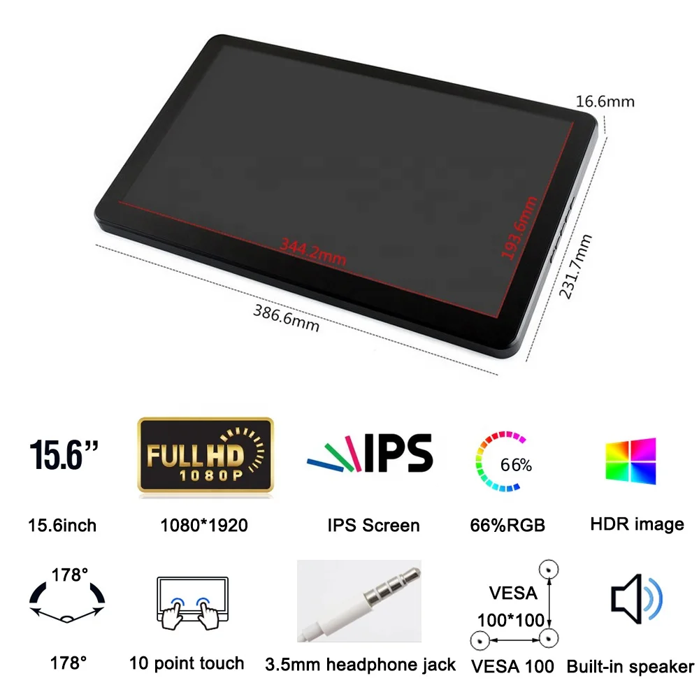 

15.6 Inch Portable LCD Computer Monitor Video Player 1080P IPS USB Touchscreen Second Display for Android IOS Raspberry Pi PC