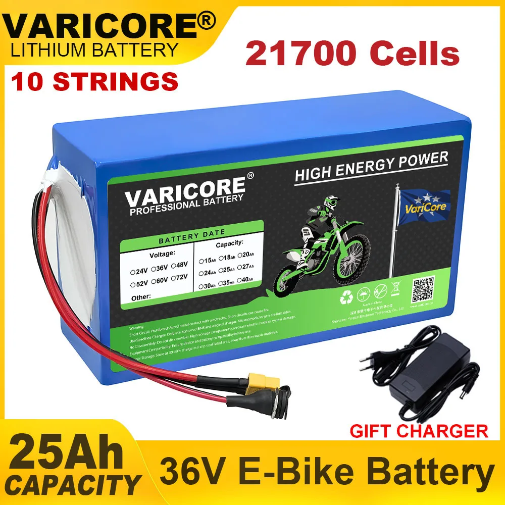 VariCore 36 В 20 Ач 25 Ач 30 Ач 35 Ач 40 Ач 21700 Литиевая аккумуляторная батарея 10 струн 42 В Зарядное устройство