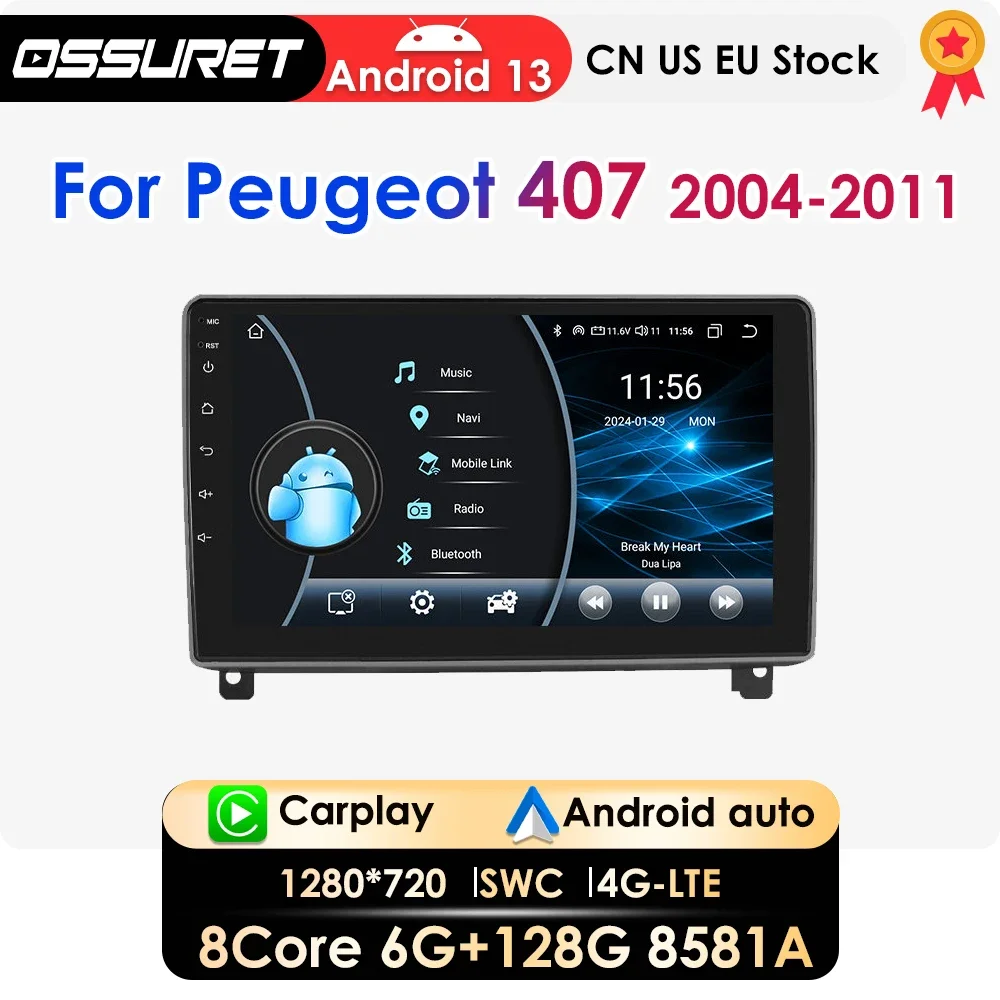 2Din Android13 Car Stereo Multimedia for Peugeot 407 2004-2011 Auto Radio GPS Navigation Autoradio audio Carplay Head Unit 8581A