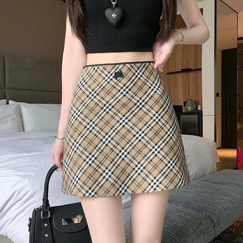 Retro Plaid Mini Skirt Women's Lace Waist Hot Girl Bodycon Skirt Colorful Picture Vintage Style Cotton Blend Fabric Short Length
