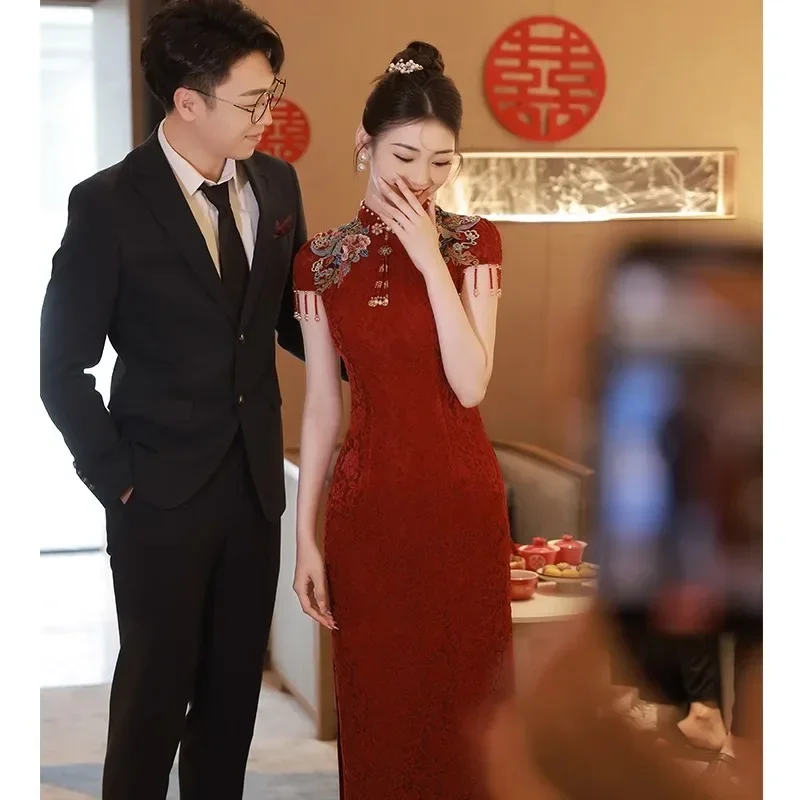 AOSHIYA Yourqipao Chinese Cheongsam Wedding Toast Dress Burgundy Engagement Dress China Traditional Clothing Long Evening Party