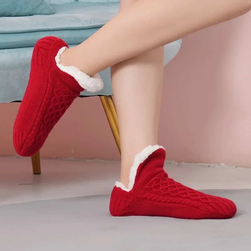 

Winter Indoor Floor Socks Women Men Slippers Home Bedroom Sleeping Socks Non-Slip Knitted Fleece Warm Carpet Couple Socks