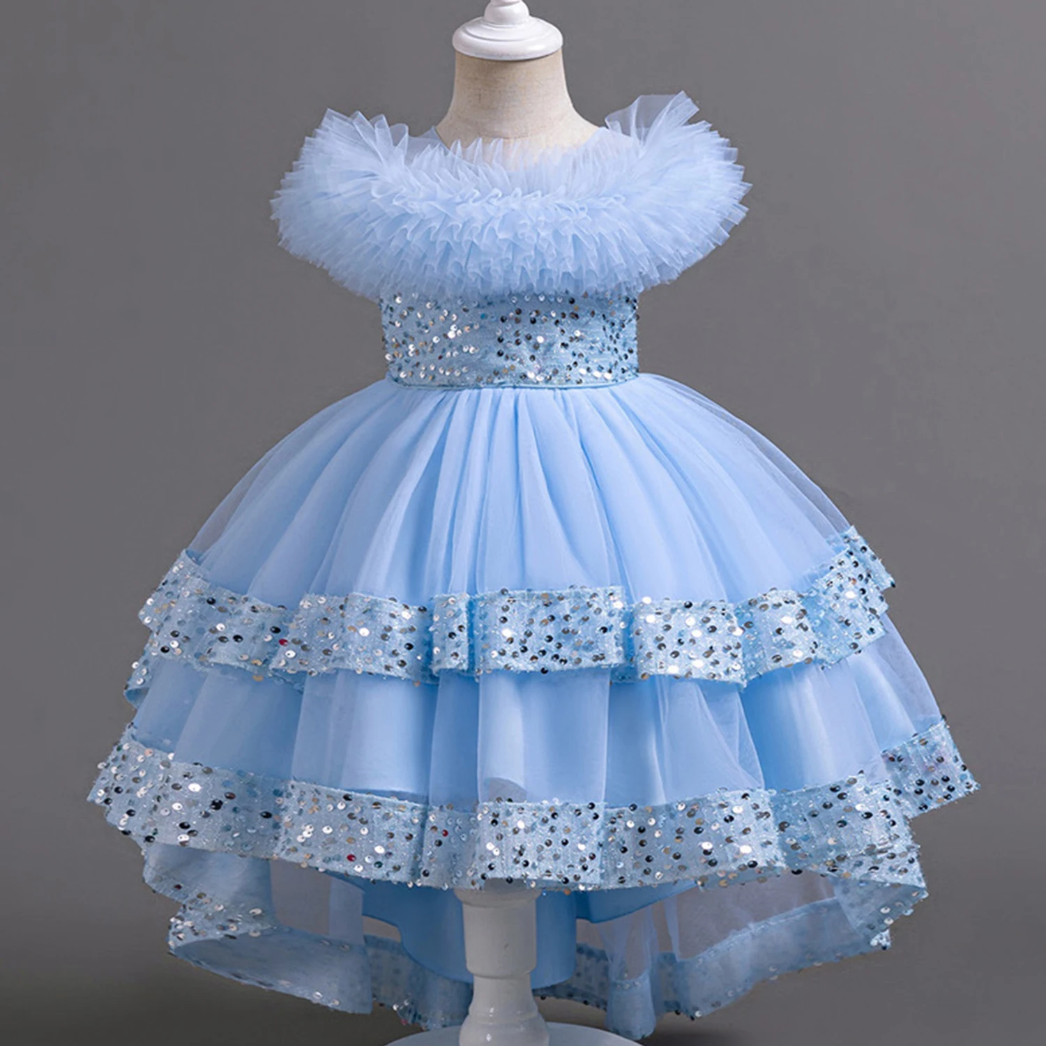 Impresionante vestido alto-bajo de lentejuelas para niñas pequeñas y grandes, vestido de ceremonia de graduación, fiesta de cumpleaños, niña de flores