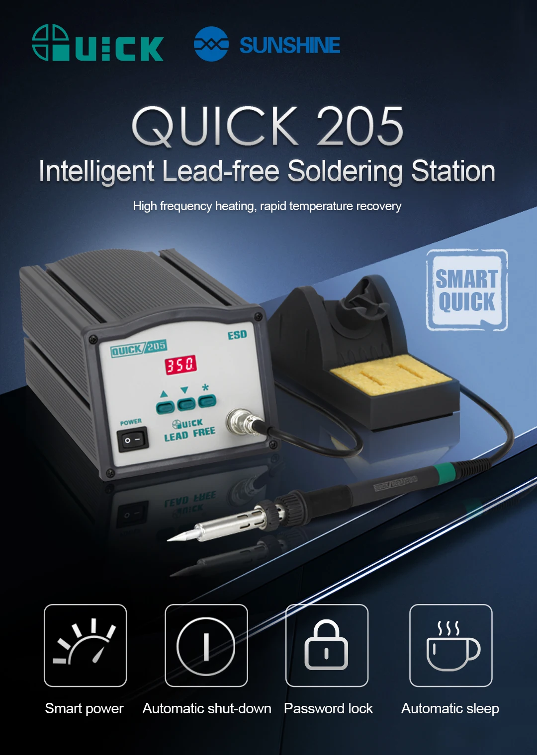 QUICK 205 150W High-Power Lead-Free Soldering Station Digital Display Thermostat Soldering Pen High-Frequency Rework Station