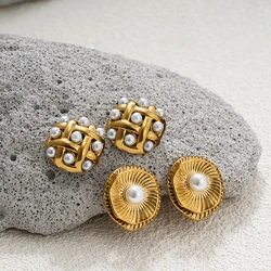 Vintage Gold Plated Stainless Steel Earrings for Women Metal Weave Double Layer Imitation Pearl Stud Earring Elegant Jewelry
