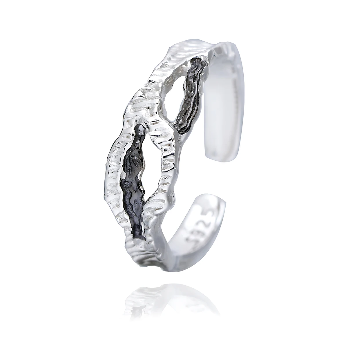 

Chic Black & White Textured Split-Color Sterling Silver Open Band Ring Minimalist Aesthetic Design for Women