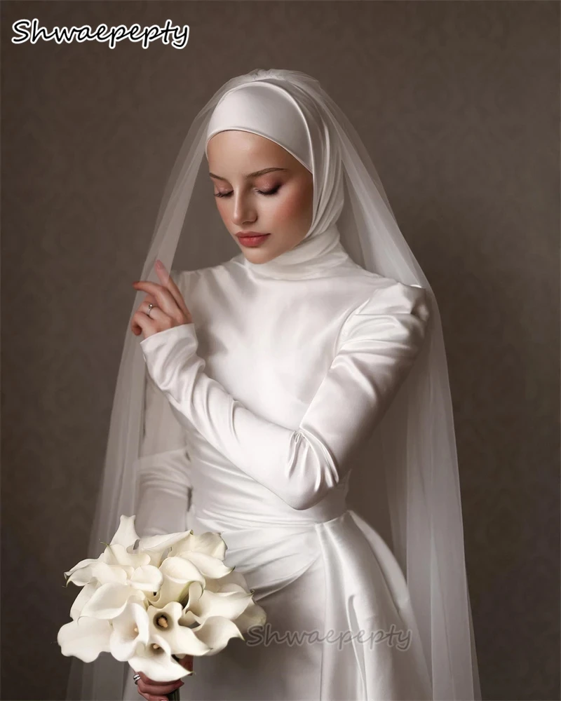 فستان زفاف إسلامي متواضع برقبة عالية وأكمام طويلة من الساتان الأبيض فستان زفاف مخصص أنيق فستان رسمي للعروس الإسلامية #4