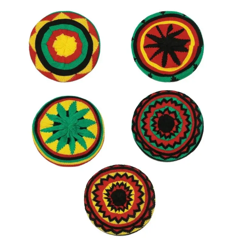 

652F Comfortable Stretchable Jamaican Hat Rainbow Color Knitted Reggae Hat Machine Washable Travel Friendly Headwear