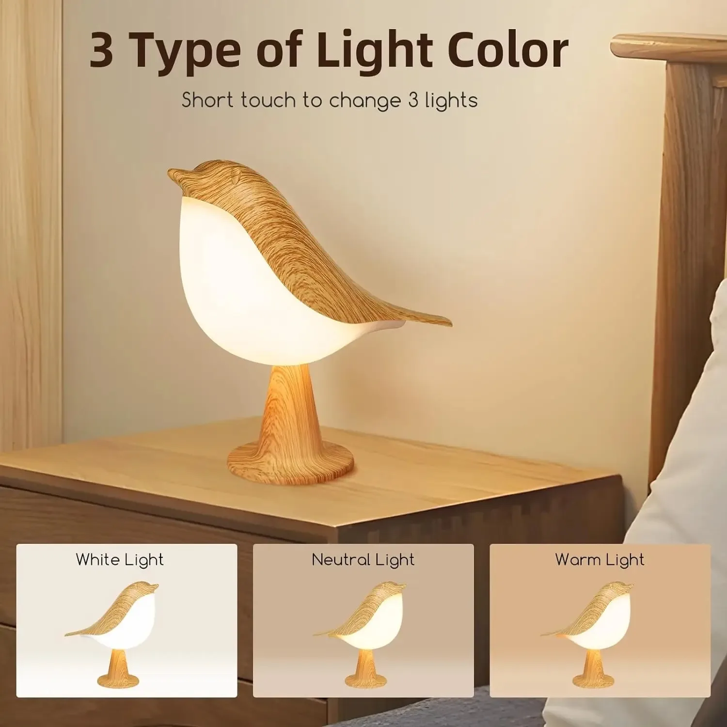 Small Bird Table Lamp Cordless Night lamp Battery 3 Color Temperatures Dimmable Touch Bedside Lamps Rechargeable Outdoor Lights