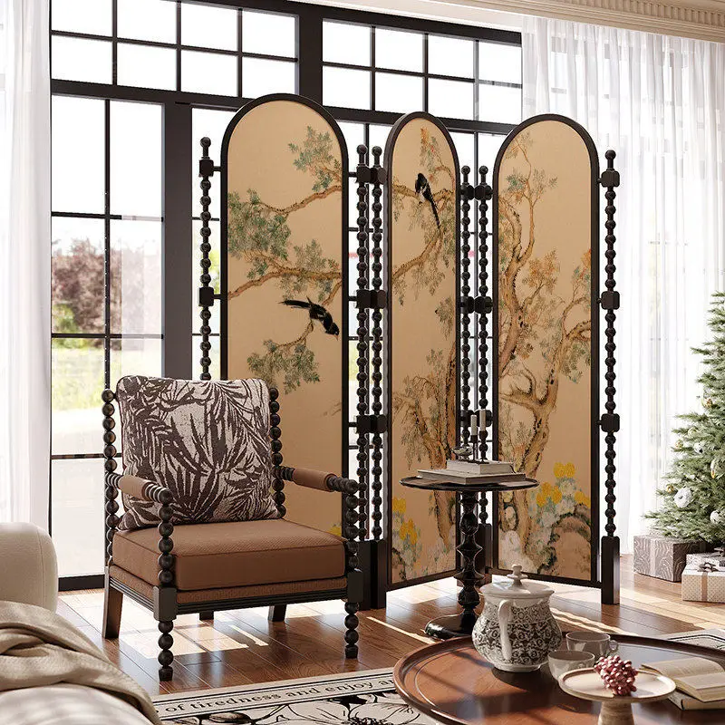 French Medieval Solid Wood Screen Partition Living Room Background Wall Bedroom American Porch Blocking Movable Folding Screen