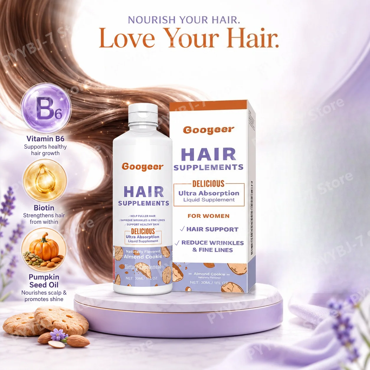 Women’s Liquid Beauty Supplement Biotin Vitamin B6 Pumpkin Seed Oil Almond Cookie Flavor Daily Wellness Hair Skin Nails Support
