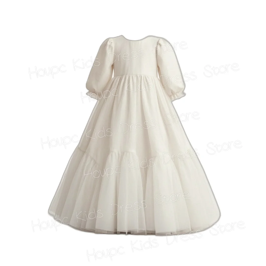 Custom Ivory Long Sleeve Satin Flower Girl Dress for First Communion, Puff Sleeve Tiered Tulle A-Line Gown, Customizable Kids We