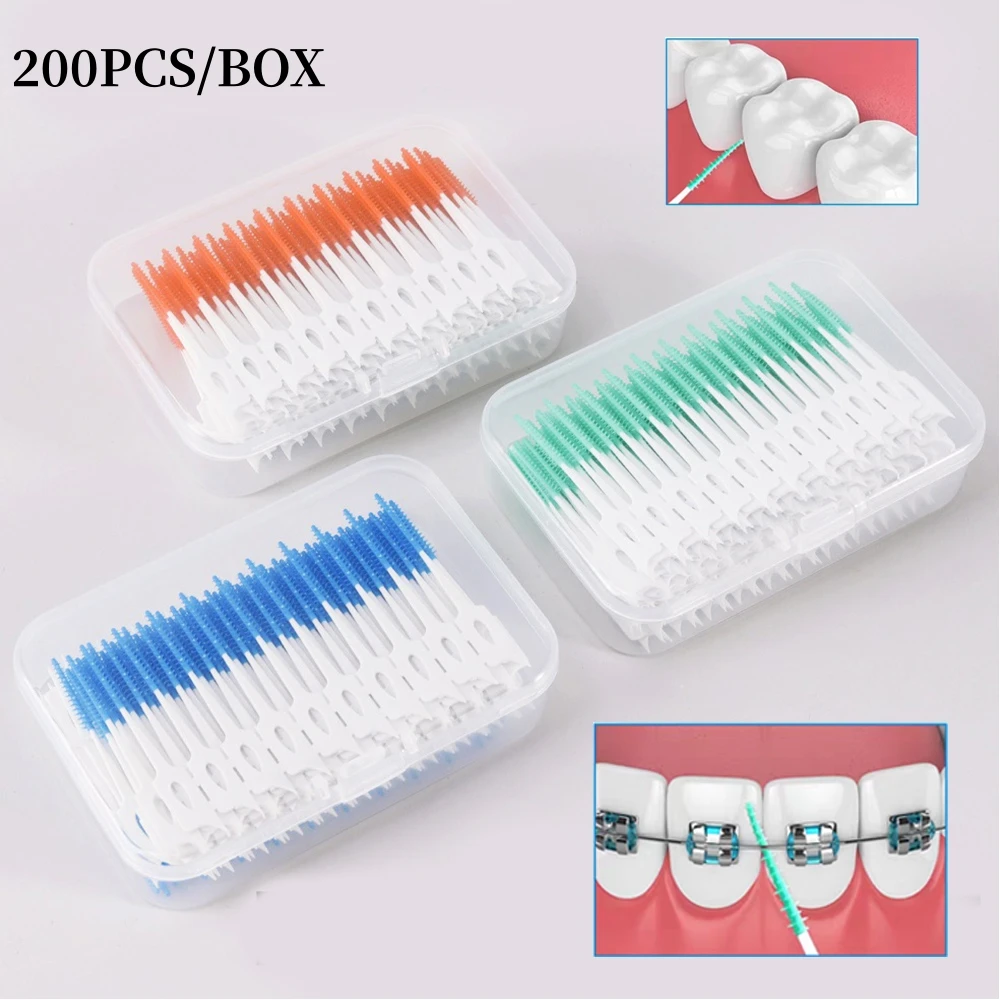 200pcs/box Soft Silicone Interdental Brush Toothpicks With Thread Double-headed Disposable Interdental Brush Oral Cleaning Tools