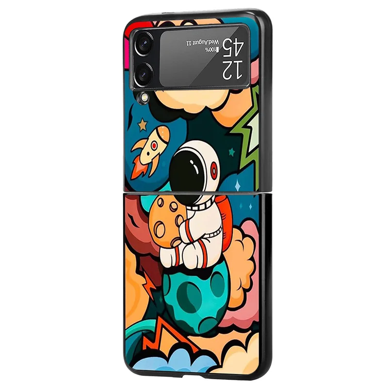 Hard Case for Samsung Galaxy Z Flip5 Flip3 5G Flip4 Flip Cute Moon Cartoon Astronaut Rocket Black Phone Cases Cover