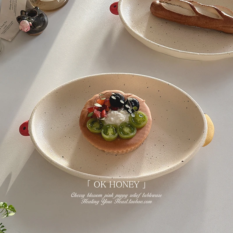 Cute Double Ear Dinner Plates 10 Inches Coarse Pottery Underglaze Color Elliptical Tablewares Household Contrasting Dessert Plat