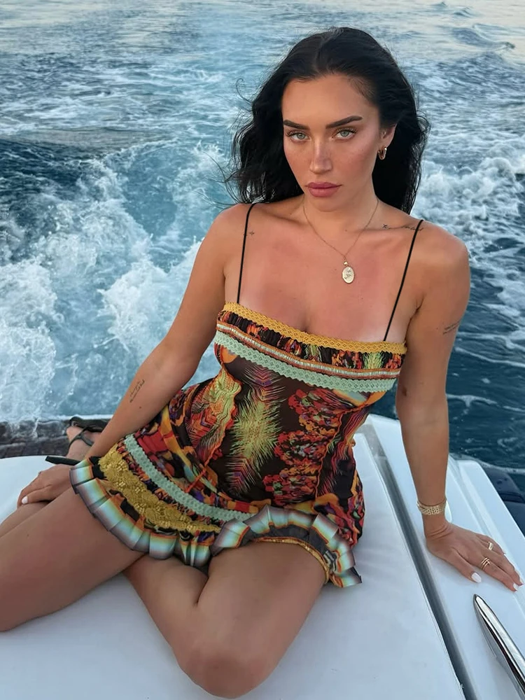 Sisterlinda Sexy Beach Camis Dress Women Colorful Print Sleeveless Skinny Vacation Midnight Party Clubwear Scalloped Hem Bodycon