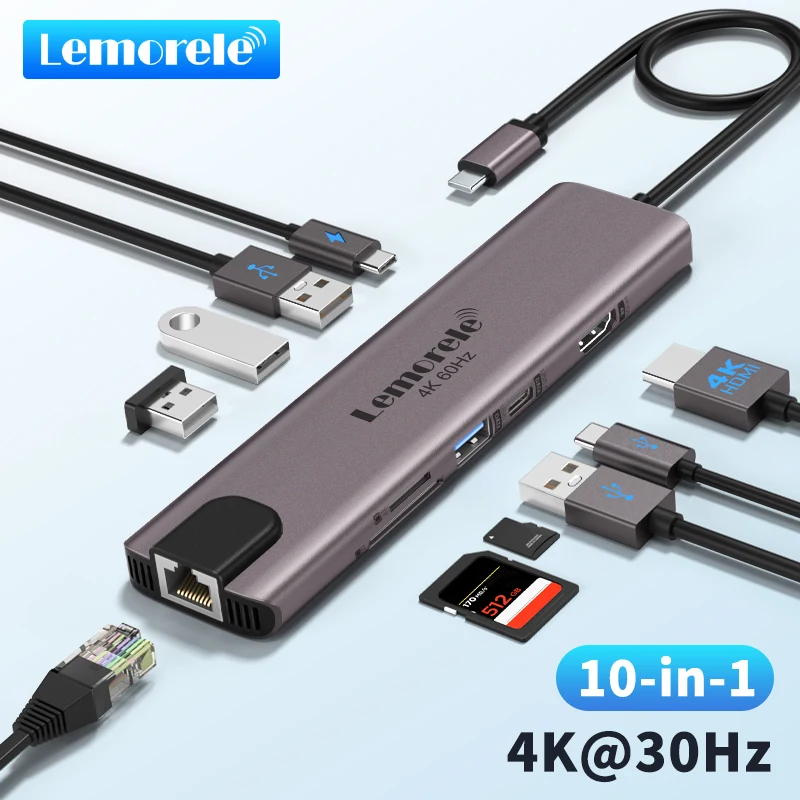 

Lemorele 10 in 1 USB C HUB Docking Station Type C Adapter 4K@60Hz HDMI 100W PD RJ45 1000Mbps Ethernet SD/TF Slot for Mac Laptop
