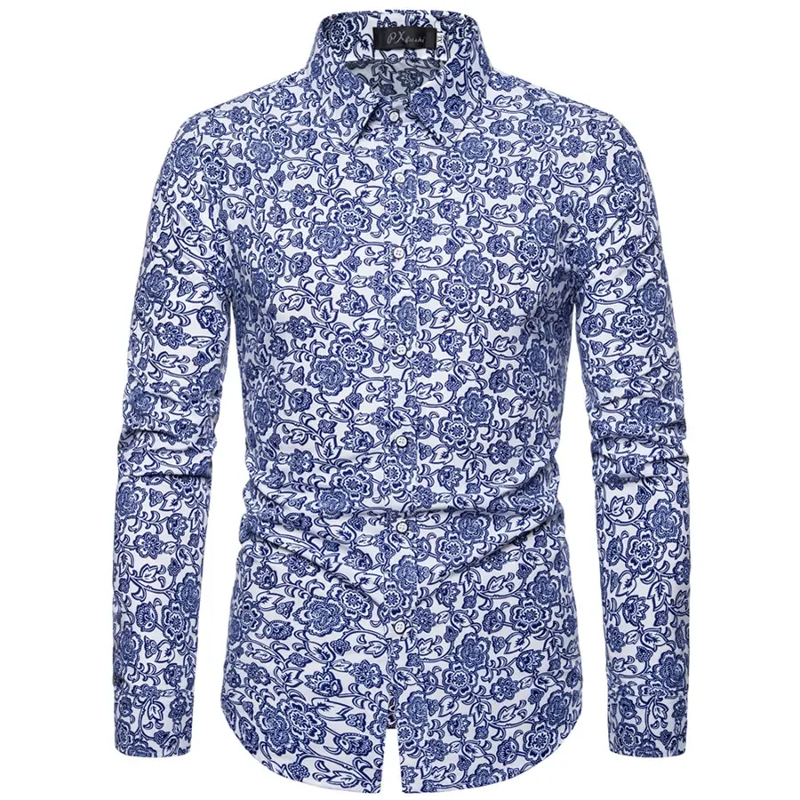 10 Color Men's Long Sleeved Shirt Printed Hawaiian Floral Shirt Lapel Vacation Style Shirt