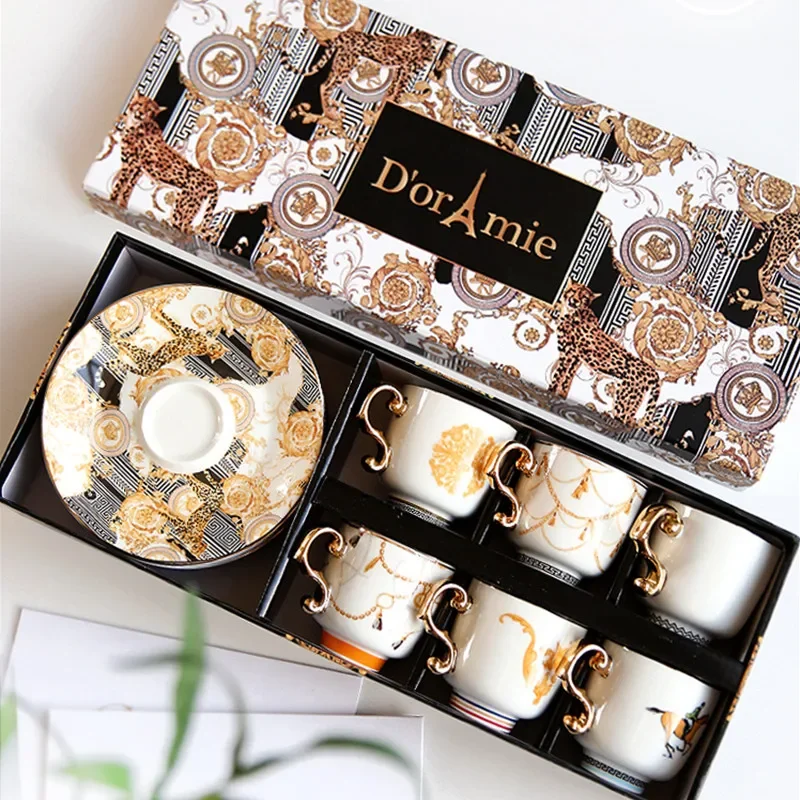 Vintage Luxury Bone China Coffee Cup and Saucer Set of 6 with Gift Box European Porcelain Cups Ceramics Wedding Gifts Home Decor