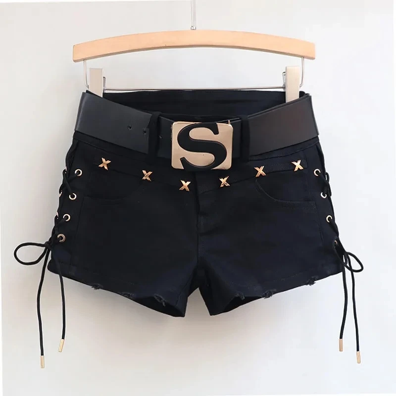 White Fashion Elastic Denim Shorts Women's Summer 2024 Korea Low Waisted side Hollowed out lace up personalized Short Hot pants