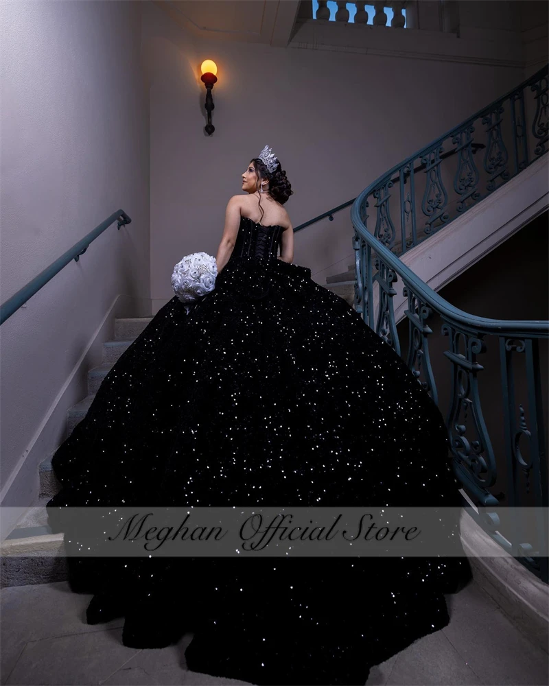 

Mexico Black Sweetheart Quinceanera Dress 2023 Sparkly Sequined Corset Prom Dress Ball Gown Sweet 16 15 Robe De Bal