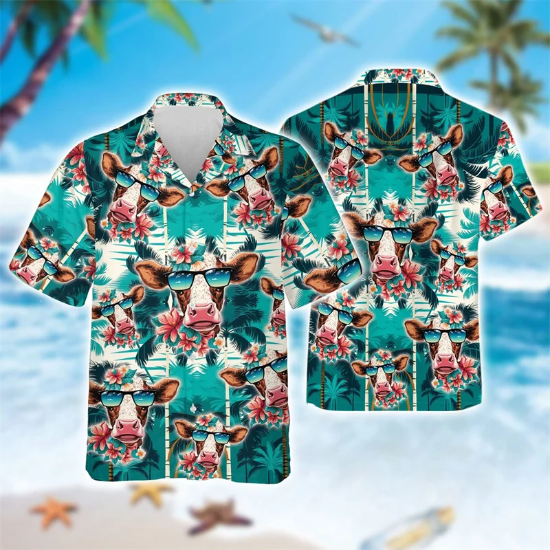 Funny Animal Cow 3D Printed Beach Shirts For Men Clothes Casual Hawaiian Dairy Short Sleeve Fashion Aloha Lapel Blouse Tops