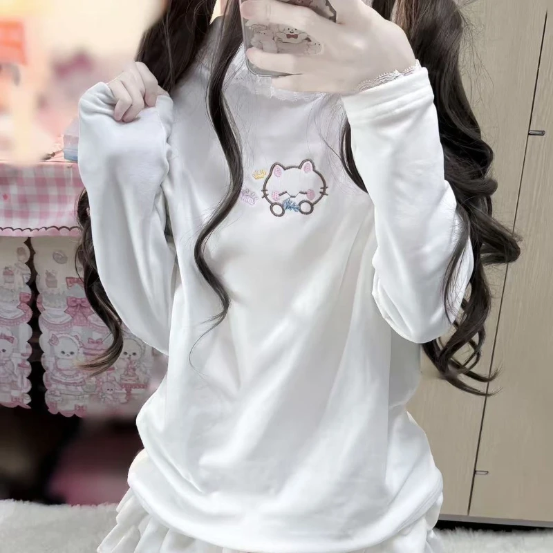 Y2k japonês kawaii manga longa topo feminino casual gato dos desenhos animados bordado doce cor sólida gola alta camiseta bonito 2025 outono