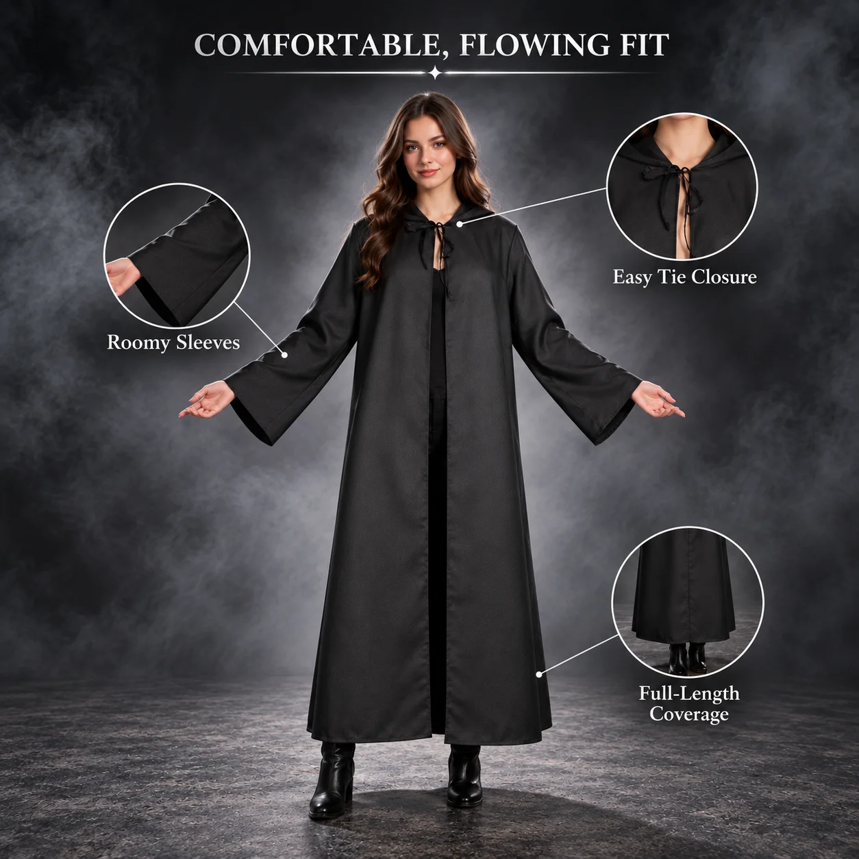 Unisex Medieval Hooded Cloak – Full-Length Black Robe for Halloween, Cosplay & Stage Performances
