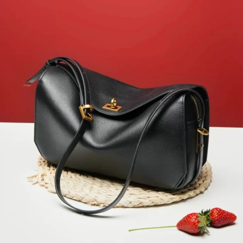 

Retro Style Clasp Cross Body Bag Underarm Commuter Handbag Brand Luxury Genuine Leather Lady Bag Top Grain Cowhide Shoulder Bag