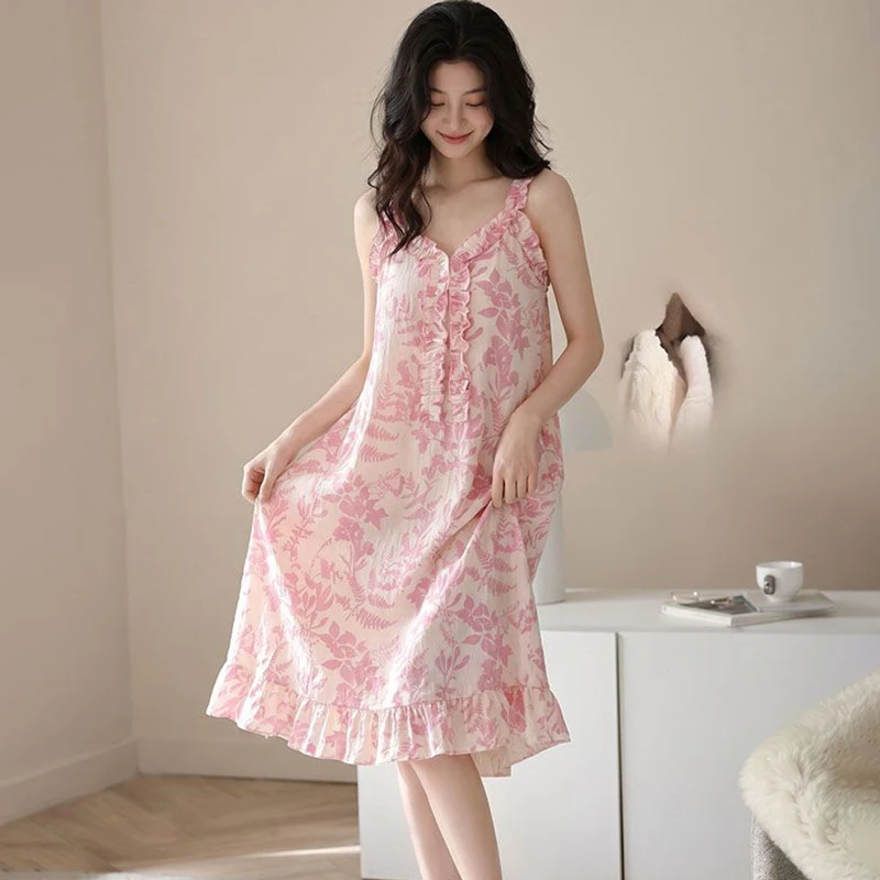 2026 Hot Summer Sexy Lace Lingerie Spaghetti Strap Nightgowns for Women Korean Cute Sleepwear Night Dress Nightdress Home Nighty