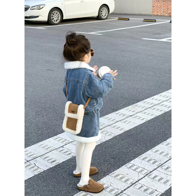 

Autumn and Winter Girls Clothing Set Korean Edition Children's Thick Denim Jacket Cotton Half Skirt Two Piece Set 80-130cm