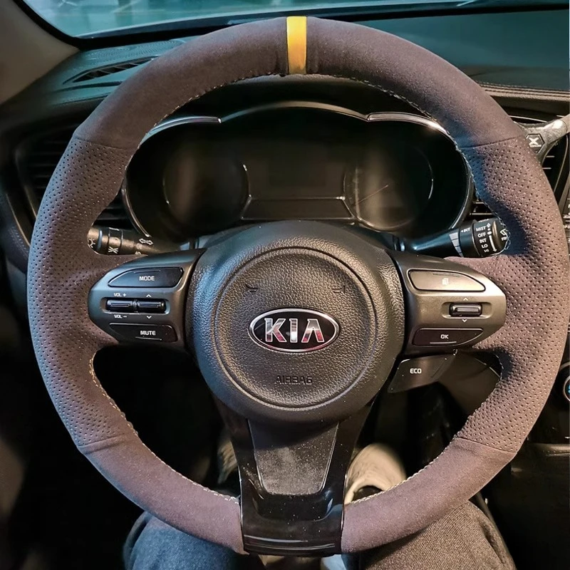 

100% Fit For Kia K5 Optima 2014 2015 Hand-stitched Genuine leather suede non-slip car steering wheel cover