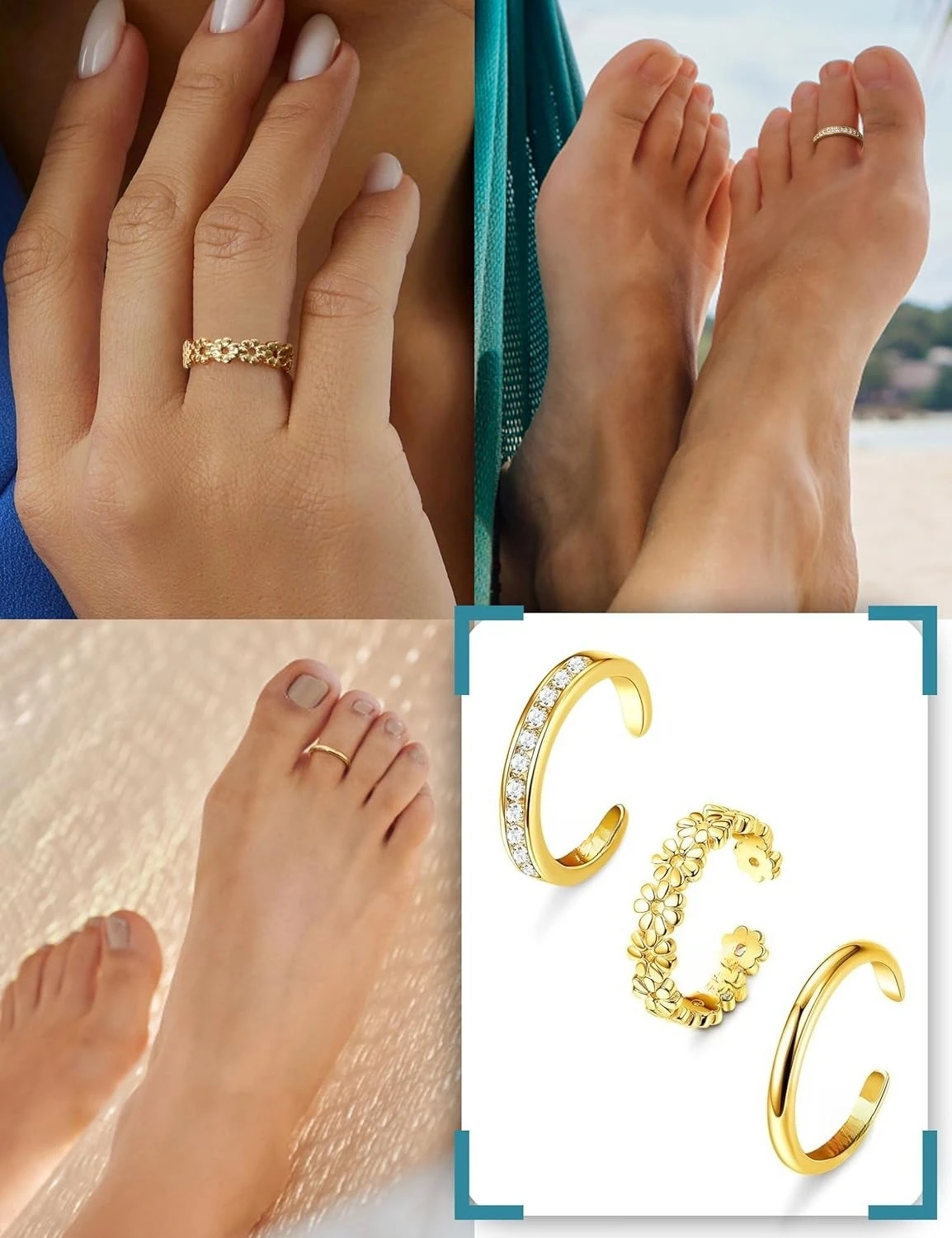 3pcs Adjustable 14K Gold Filled Flower Toe Ring Set