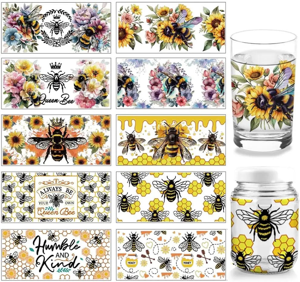 

Sunflower Bee UV DTF Cup Wraps, 10 Sheets Waterproof Decals for 16oz Glass Cups, 9.5x4.3in