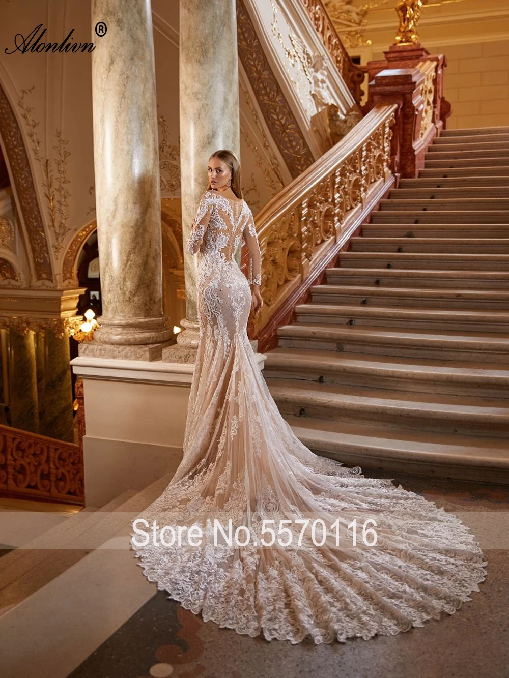 Alonlivn Floral Prints O-Neck Mermaid Wedding Dress With Button Beading Pearls Embroidery Lace Full Sleeves Women Bridal Gowns