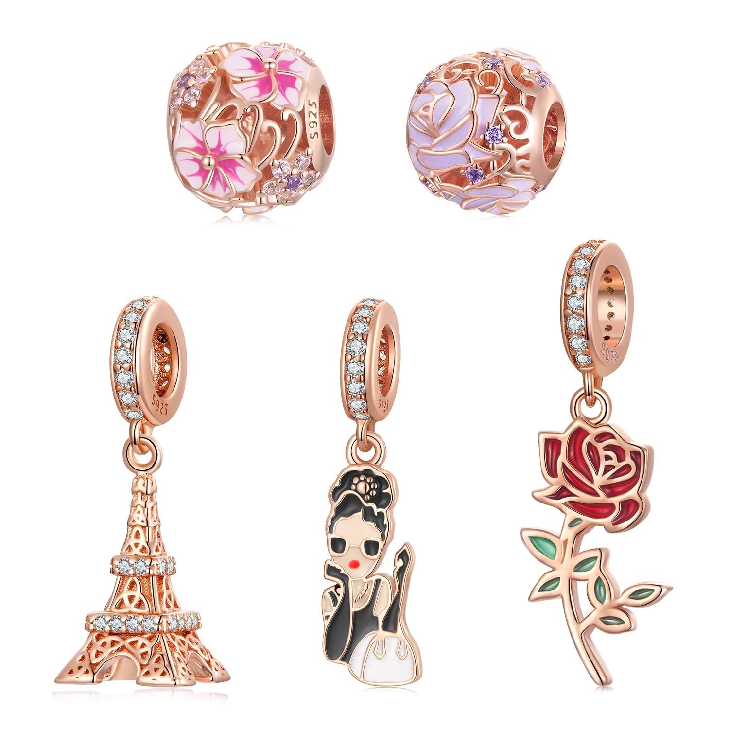 silver cz pendant bracelets charm, flower eiffel tower rose gold plated 925 sterling silver bead charms for jewelry making