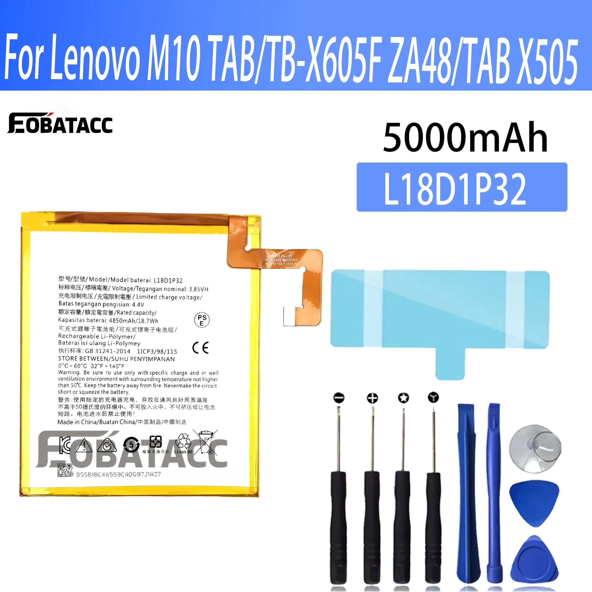 

100% New Original Battery L18D1P32 For lenovo M10 TAB/TB-X605F ZA48/TAB X505Battery + Free Tools