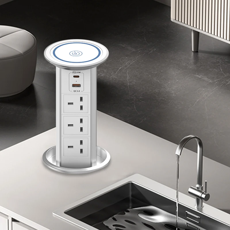 80mm Hidden  Kitchen Counter Manual Pull Pop up EU Power Outlet Tower USB LED Socket Tabletop Wireless Charging Socket
