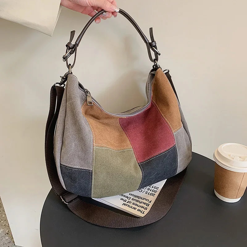 

Retro Patchwork Canvas Hobo Bag | Fashion Shoulder Tote | Vintage Style Handbag With Adjustable Strap | Chic Casual Daily Purse