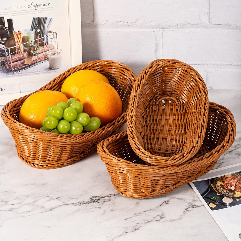 

3 Pcs Oval Rattan Bread Basket Woven Food Fruit Dessert Tray Storage Basket Vegetable Breakfast Display Kitchen Organizer